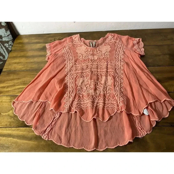 Johnny Was Coral Orange Delamo Embroidered Flared Tunic Blouse Size Small - Picture 1 of 12
